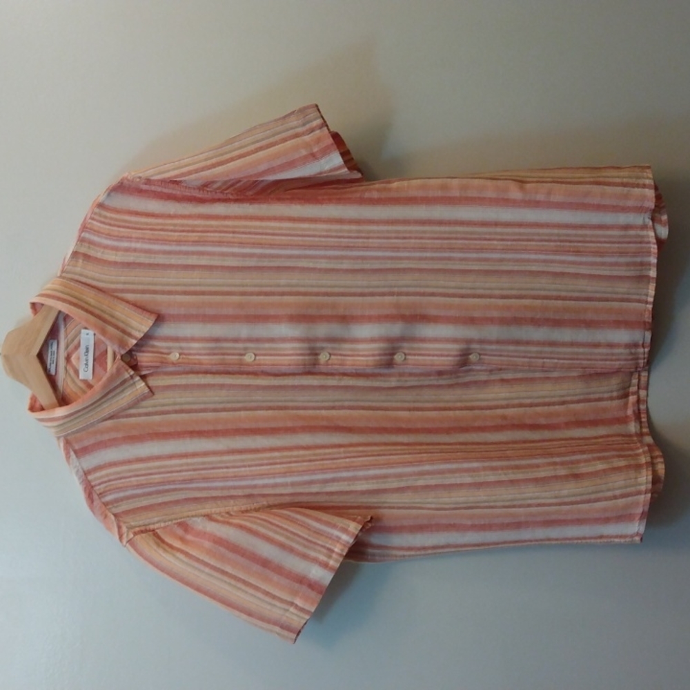 Calvin Klein XL Orange/White Stripe Linen Blend Shirt